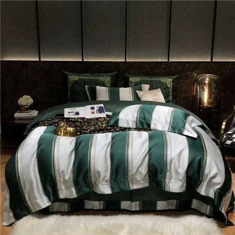 Luxury black and gold yarn-dyed jacquard bedding set made from premium Egyptian cotton with a smooth satin finish