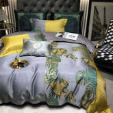 Luxury black and gold yarn-dyed jacquard Egyptian cotton bedding set with textured jacquard pattern and satin finish on a stylish bed