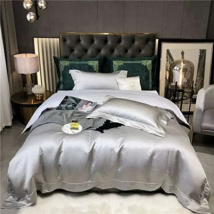 Stylish bedroom featuring sleek black gold yarn bedding set with elegant pillows and cozy accessories.