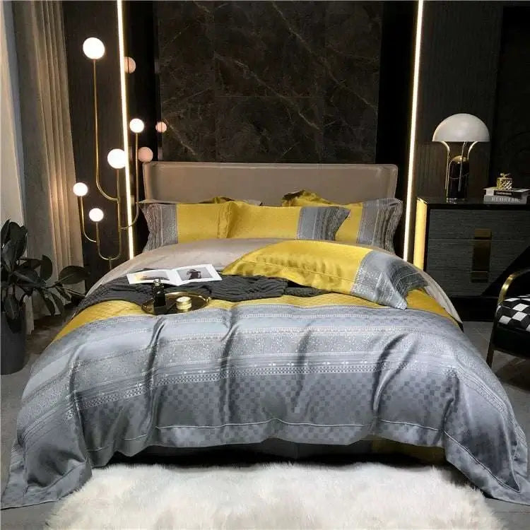 Luxury black and gold yarn-dyed jacquard bedding set in premium Egyptian cotton with satin finish on a modern bed