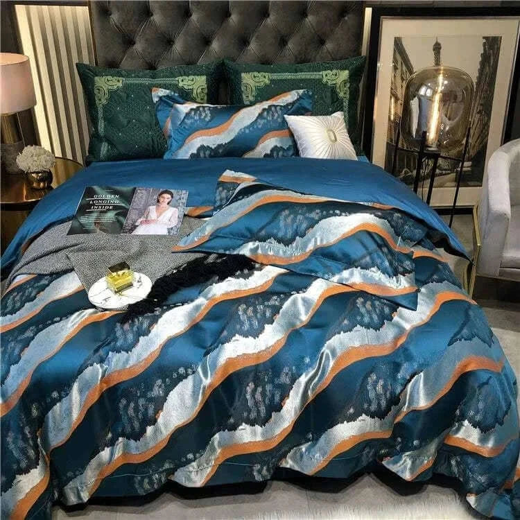 Luxury black and gold yarn-dyed jacquard bedding set in premium Egyptian cotton with satin finish on bed
