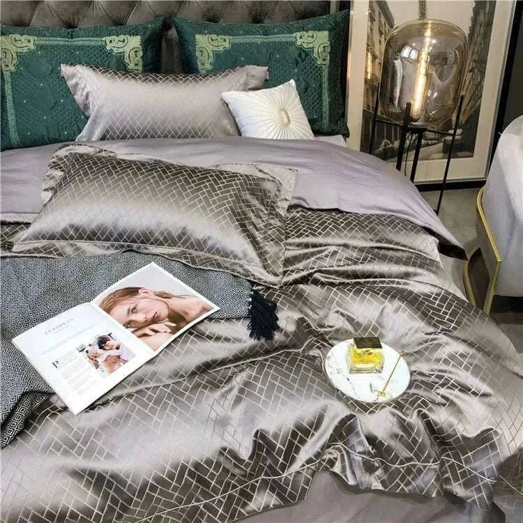 Elegant bedding set with black gold yarn, showcasing modern design and comfort, perfect for upgrading your space.