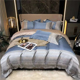 Luxury black and gold yarn-dyed jacquard Egyptian cotton bedding set on a modern bed