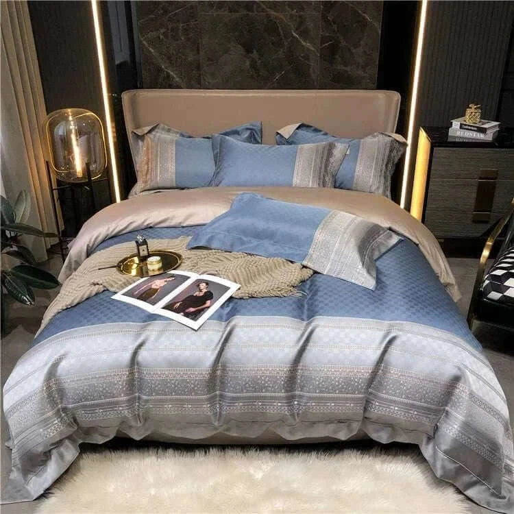 Luxury black and gold yarn-dyed jacquard Egyptian cotton bedding set on a modern bed