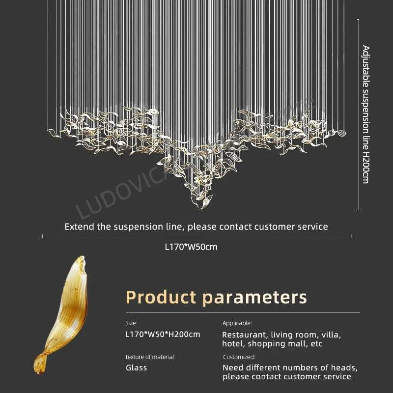Chandelier with product parameters and dimensions on a dark background