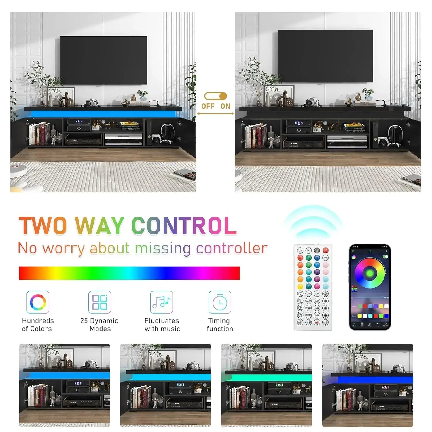 LED TV Stand for 85 Inch TV, Modern TV Stand with Power Outlet, High Gloss TV Console Entertainment Center with, Customized featuring dynamic color controls.