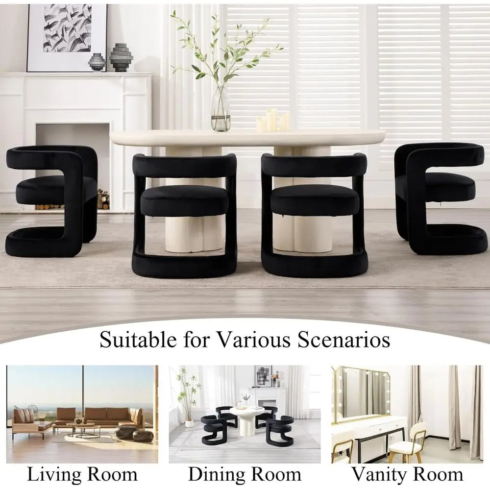 Velvet Barrel Dining Chairs Velvet 4pc set around a table, showcasing black upholstery for various room settings.