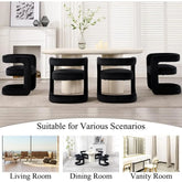 Black chairs arranged around a dining table in a modern living room setting with text indicating suitability for various rooms.