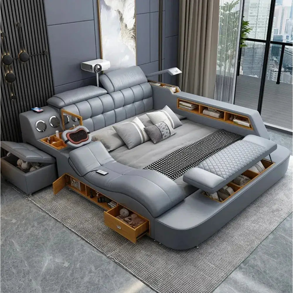 Smart leather bed with massage and storage in modern bedroom featuring storage compartments and Bluetooth integration.