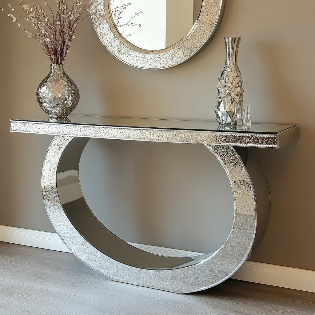 Crushed Diamond Mirror Console Table | Sculptural Arch Base | Glam Entryway Furniture - view 15