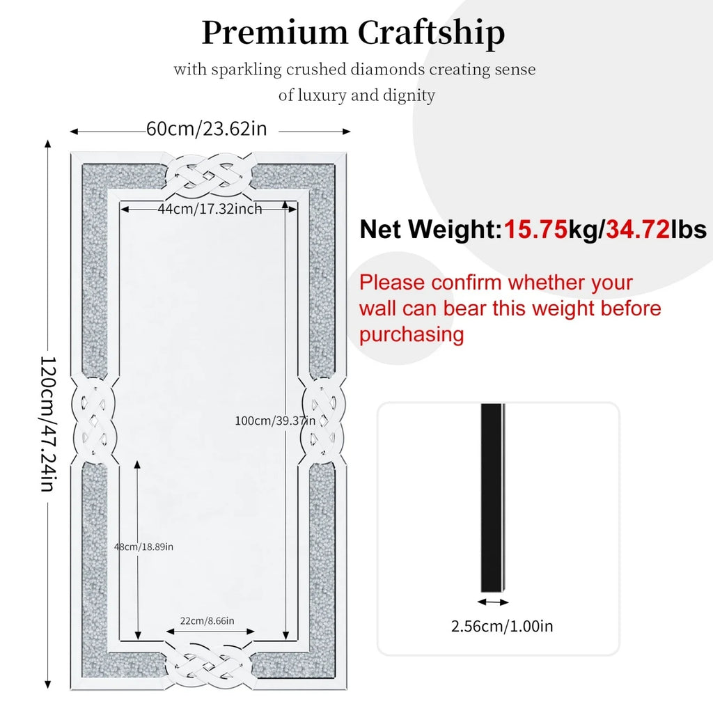 120CM Rectangle Crystal Crush Diamond Silver Mirror for Wall Decoration Crystal Diamonds Inlay Edge Living Room Above Fireplace - view 8