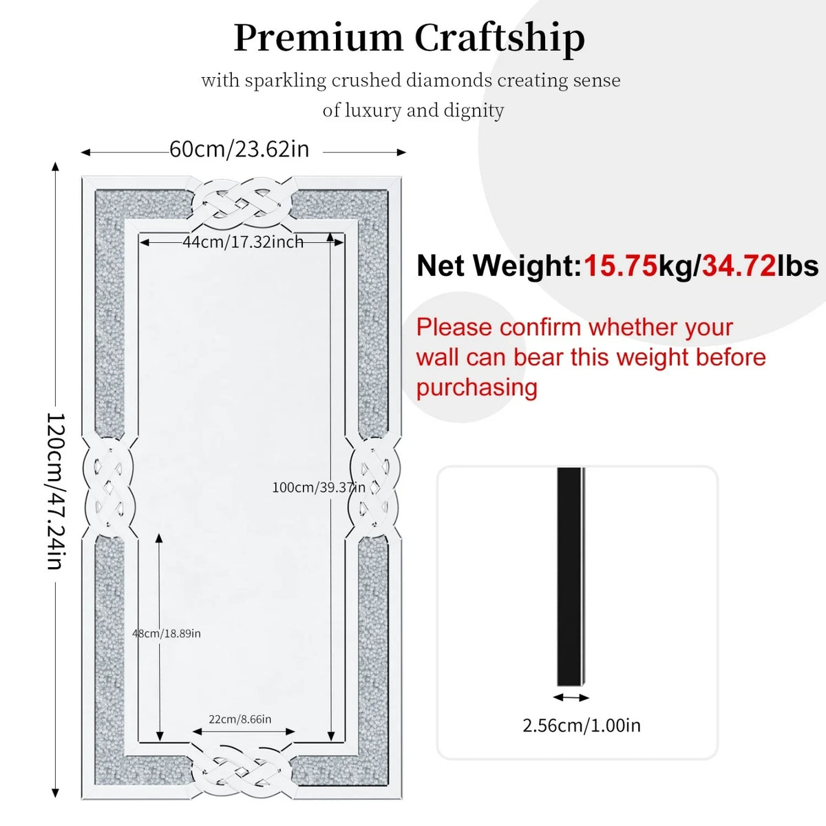 120CM Rectangle Crystal Crush Diamond Silver Mirror for Wall Decoration Crystal Diamonds Inlay Edge Living Room Above Fireplace - view 8