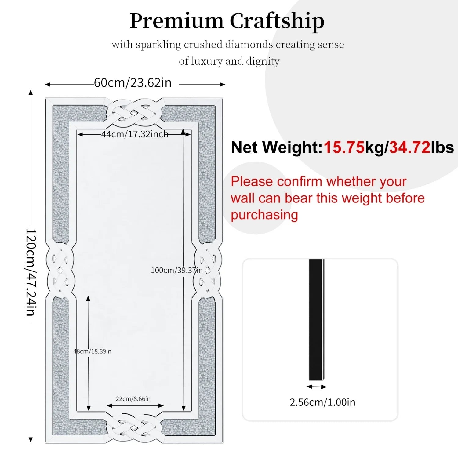120CM Rectangle Crystal Crush Diamond Silver Mirror for Wall Decoration Crystal Diamonds Inlay Edge Living Room Above Fireplace - view 4