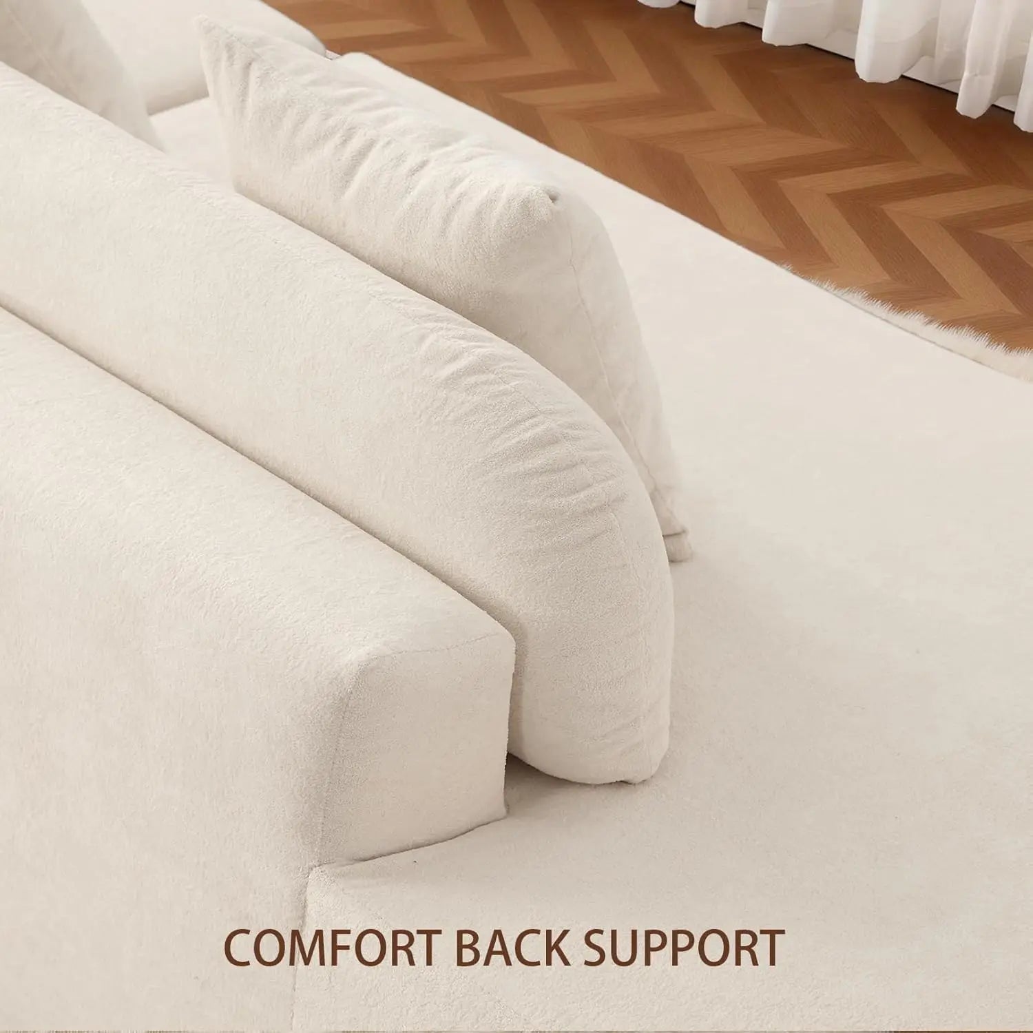 Beige backrest pillow on a bed with 'Comfort Back Support' text.