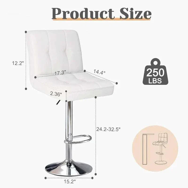 Adjustable swivel counter height bar stool with white cushioned seat and chrome hydraulic lift base