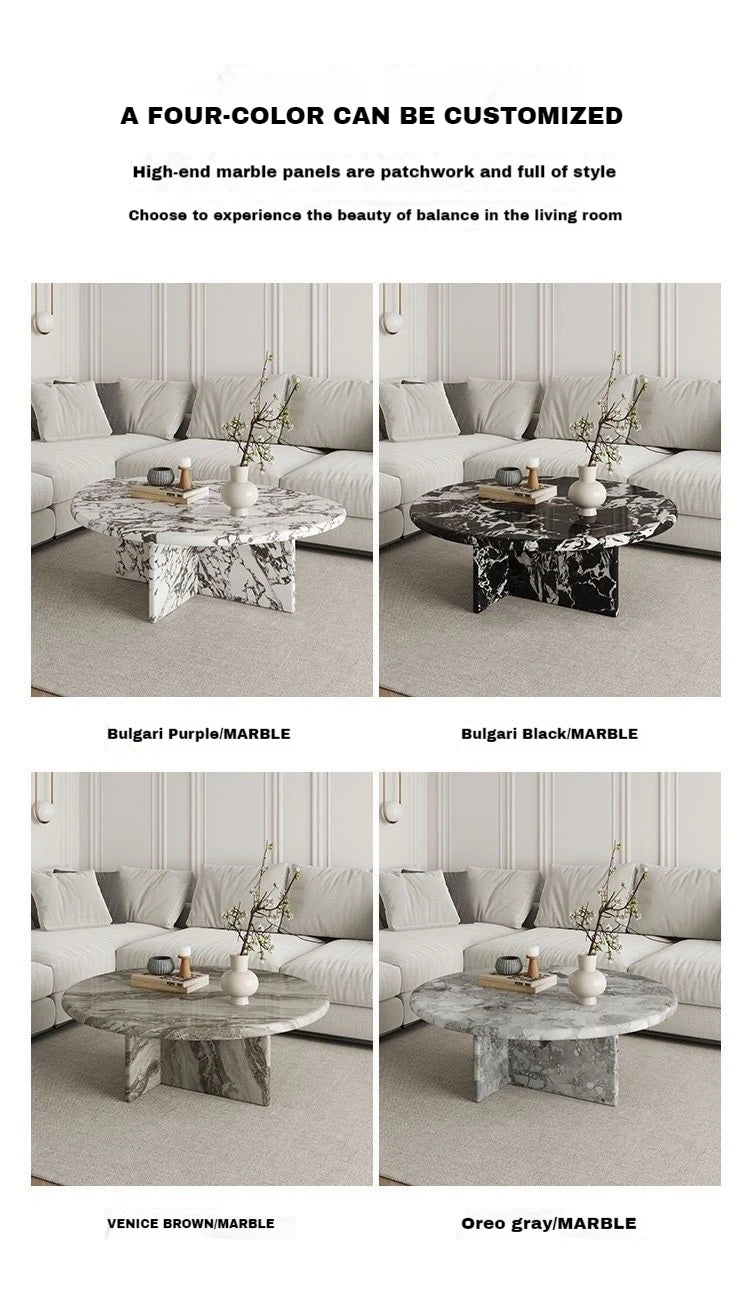 Living room with marble coffee tables in different colors and styles.