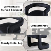 Black office chair with curved backrest, cozy armrest, and sturdy metal leg highlighted.