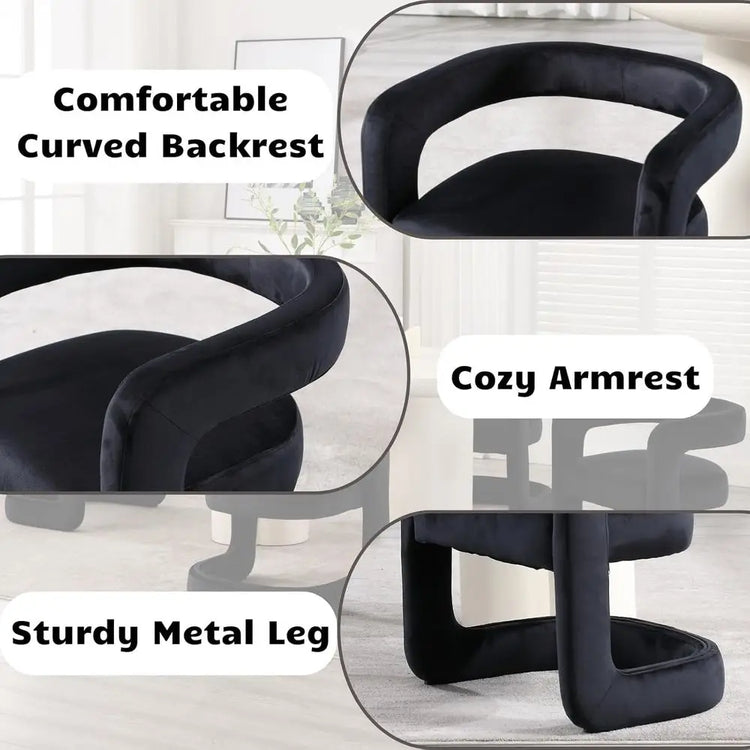 Black office chair with curved backrest, cozy armrest, and sturdy metal leg highlighted.