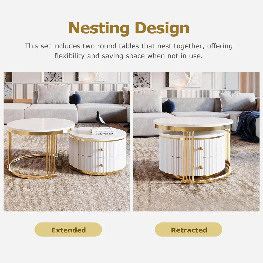 Modern 27.6" Two-Tier Round Nesting Coffee Tables with Drawers in Gold and White