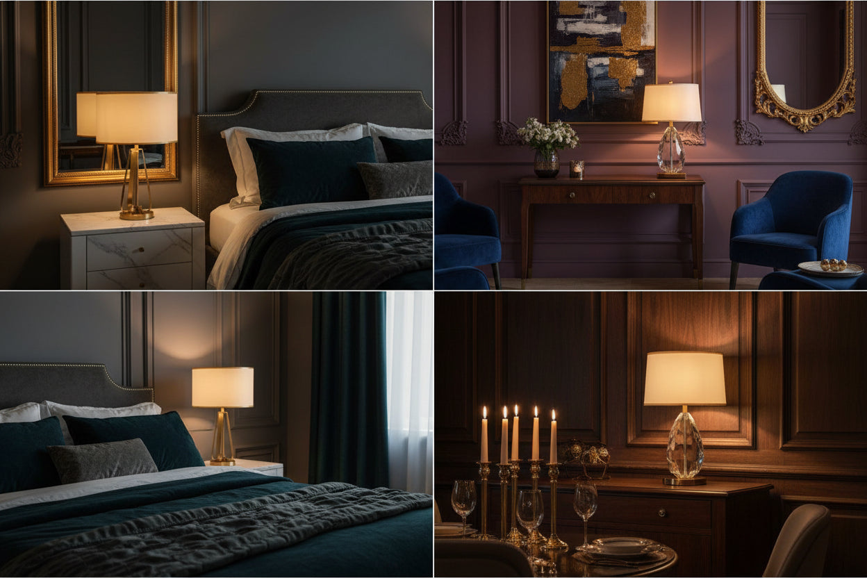Nordic LED crystal bedside lamp showcased in elegant bedroom and living area settings with fabric lampshades.