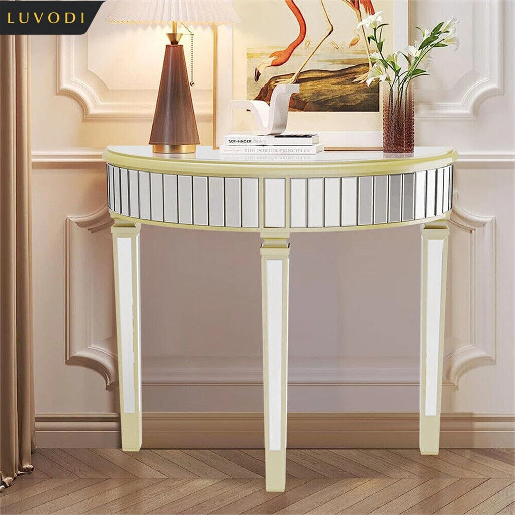 LUVODI Half-Round Mirrored Glass Curved Entryway & Living Room Accent Desk