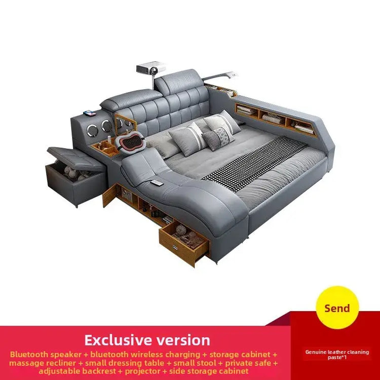 Smart Massage Storage Bed Multifunction Leather Bed Frame King Size Smart Bed With Projector Bluetooth Modern Bedroom Furniture
