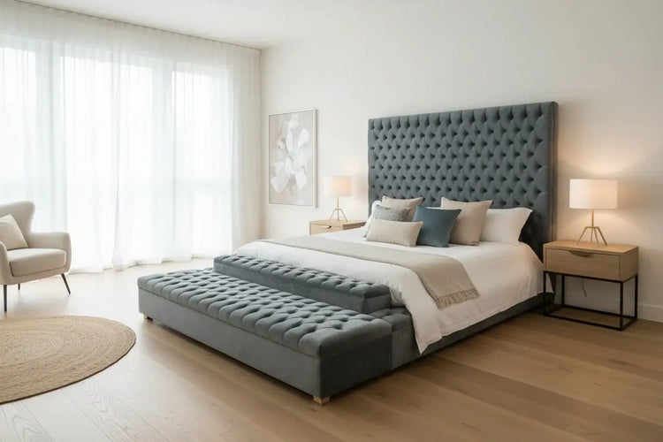 Modern upholstered king size bed with tufted headboard in a contemporary bedroom setting.