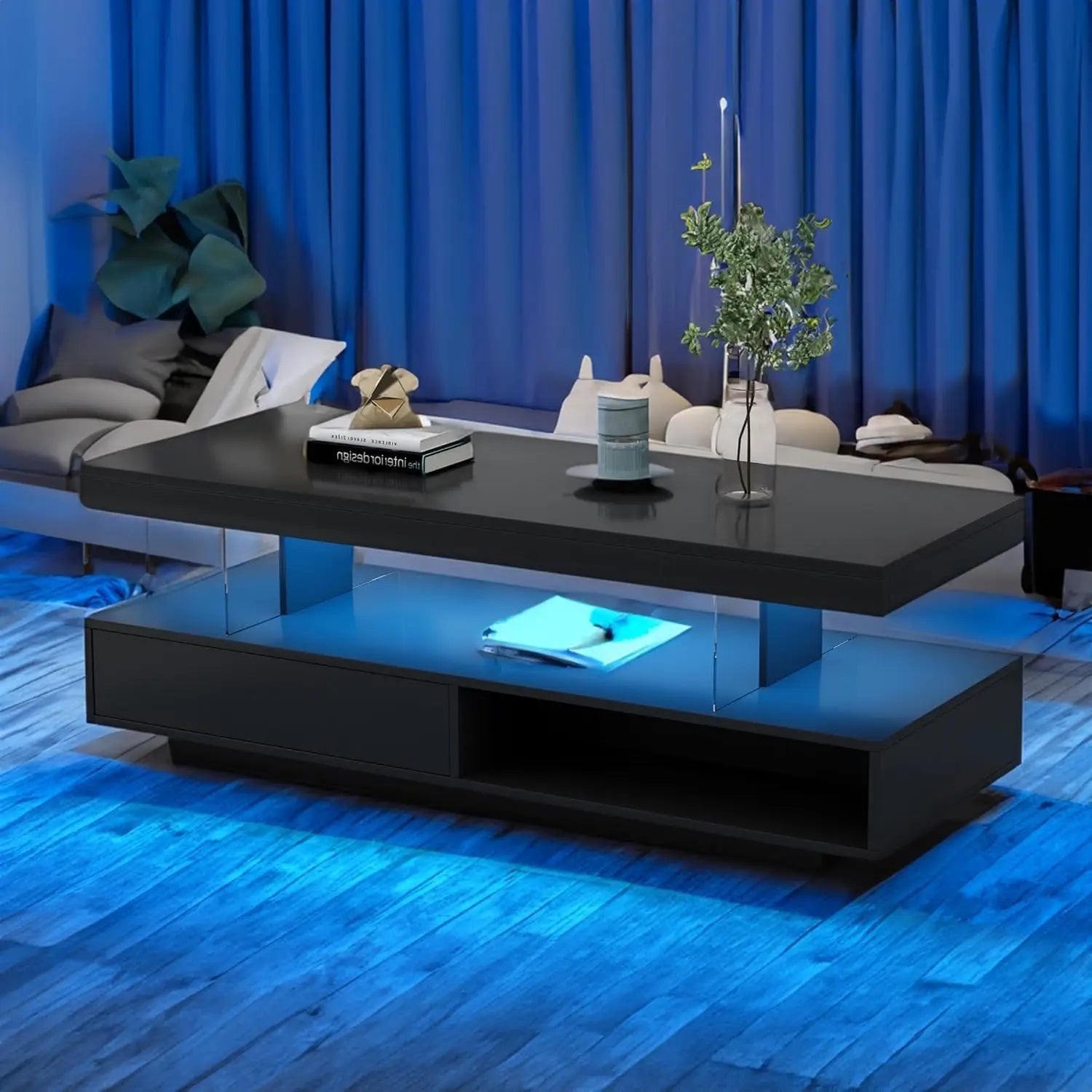 LED Coffee Table for Living Room, Modern High Glossy Smart Center Table with Storage, 2 Tiers Rectangle Coffee Table