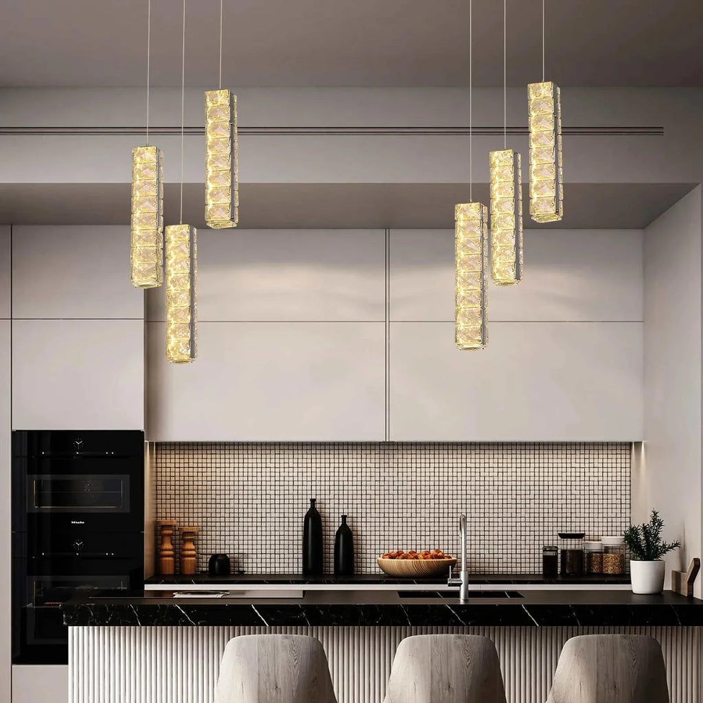 VETRULUS Nordic K9 Crystal LED chandelier with metal craftsmanship and crystal accents hanging over modern kitchen island