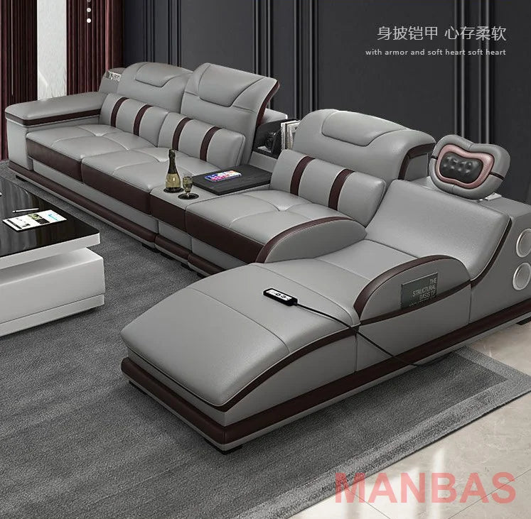 MANBAS Italian Genuine Leather Sectional Massage Sofa with Bluetooth, Speaker, Functional Headrest