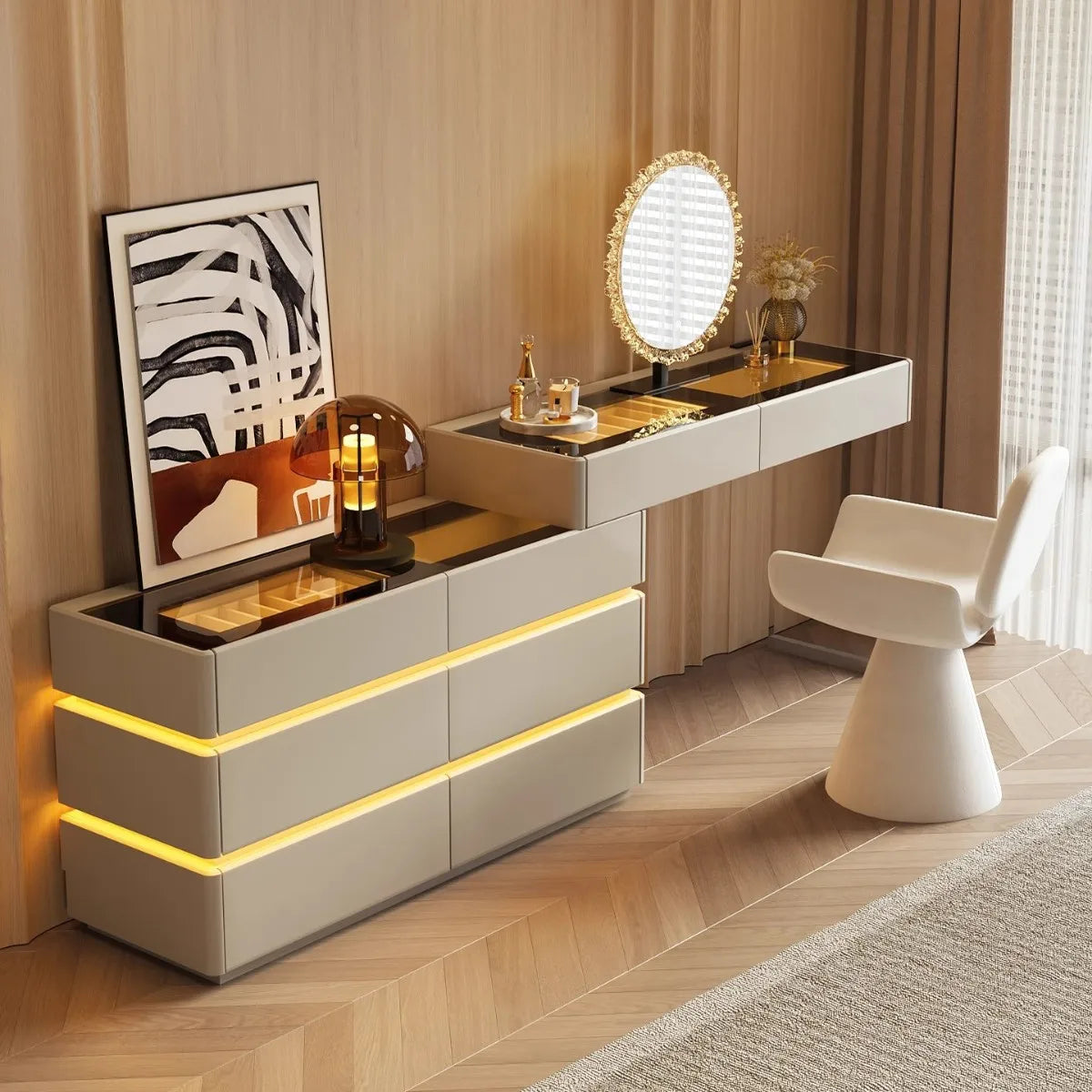 Nordic Solid Wood Dressers Bedroom Modern Dressing Table Drawer Integrated Home Small Apartment Makeup Table with LED Mirror - view 1