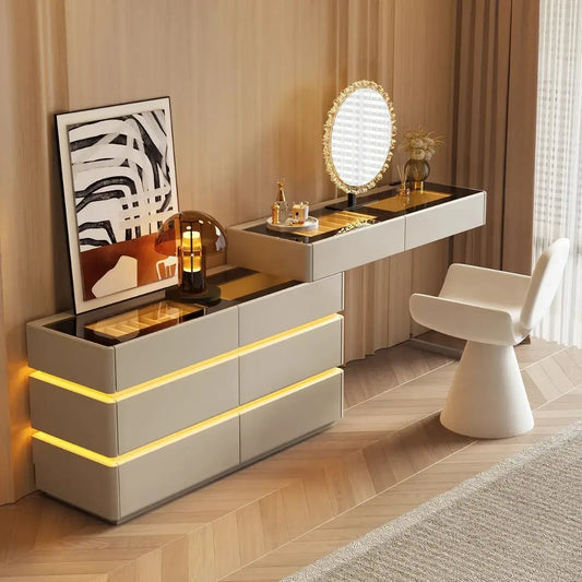 Modern vanity table with mirror and lighting in a room setting