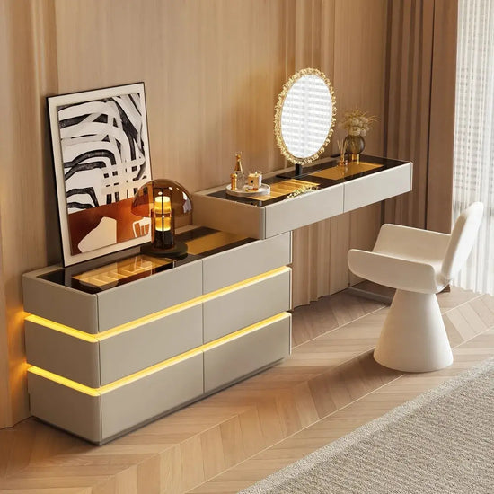 Modern vanity table with mirror and lighting in a room setting