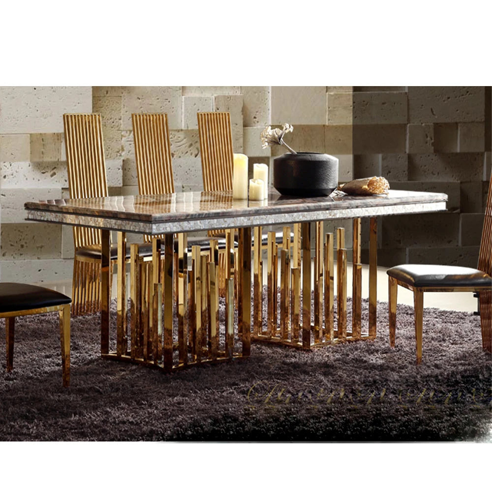 Linlamlim Luxury Marble Dining Table Set with Gold Stainless Steel Frame, Dining Room Table with Sea Shell and High-Back Chairs - view 1