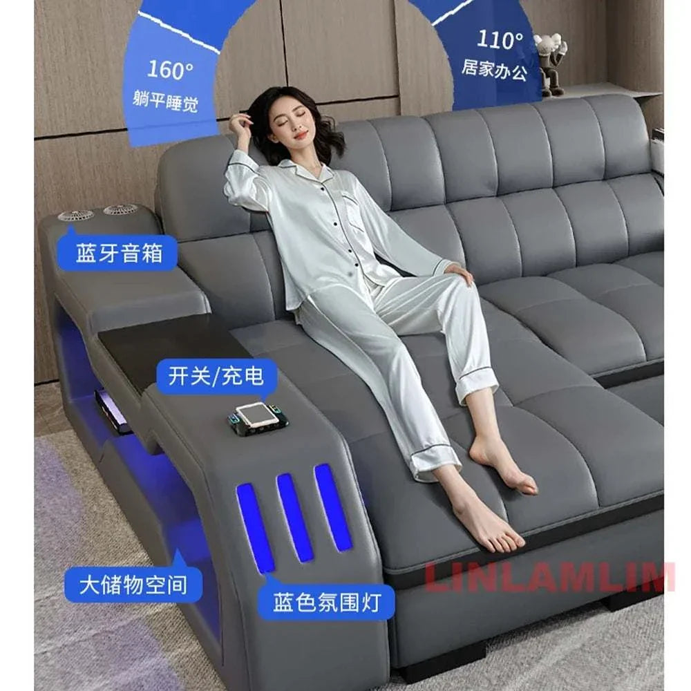 Modern sectional sofa bed with genuine leather, built-in LED lights, electric recliner, massage function, and Bluetooth speaker