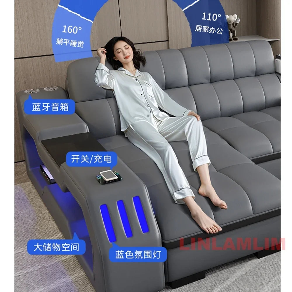 Modern Sectional Sofa Bed with LED Light, Electric Recliner and Massage