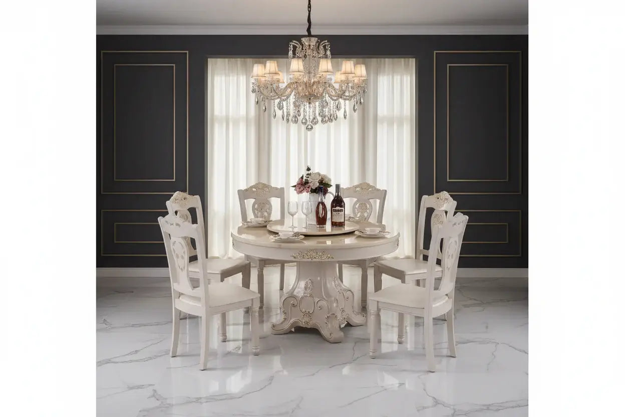 Elegant 4 person gold dining table set in modern living room with chandelier and stylish decor.