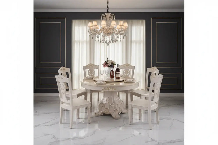 Elegant 4 person gold dining table set in modern living room with chandelier and stylish decor.