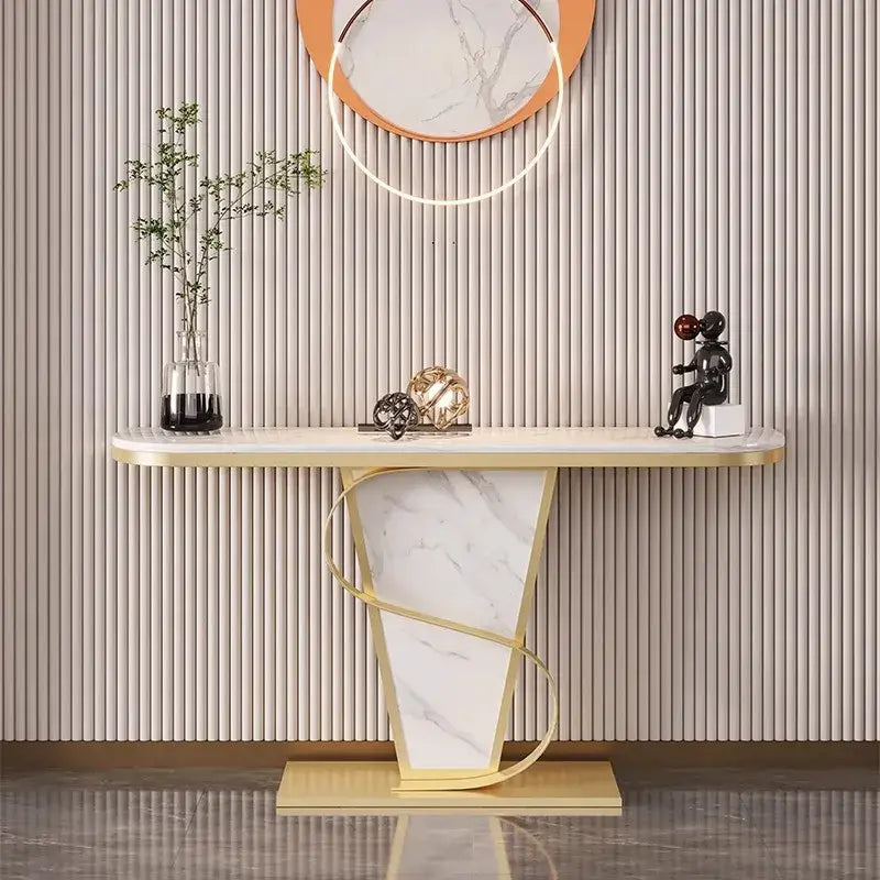 Console table with marble design against a striped wall