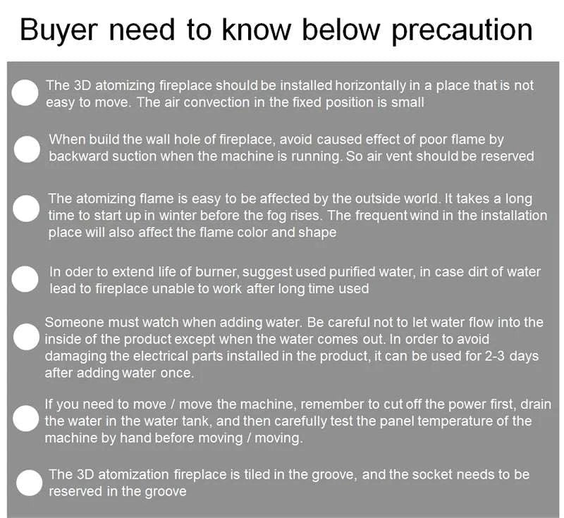 Instructions for a 3D atomizing fireplace on a gray background