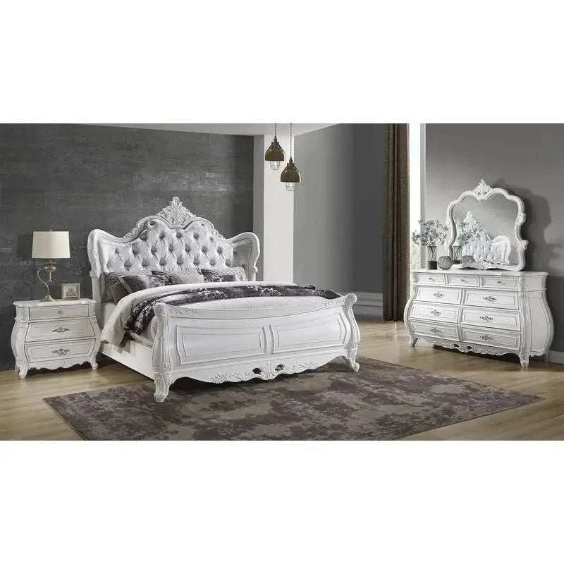 Modern 4-piece queen bedroom set in pearl white wood with tufted bed, dresser, mirror, and nightstand