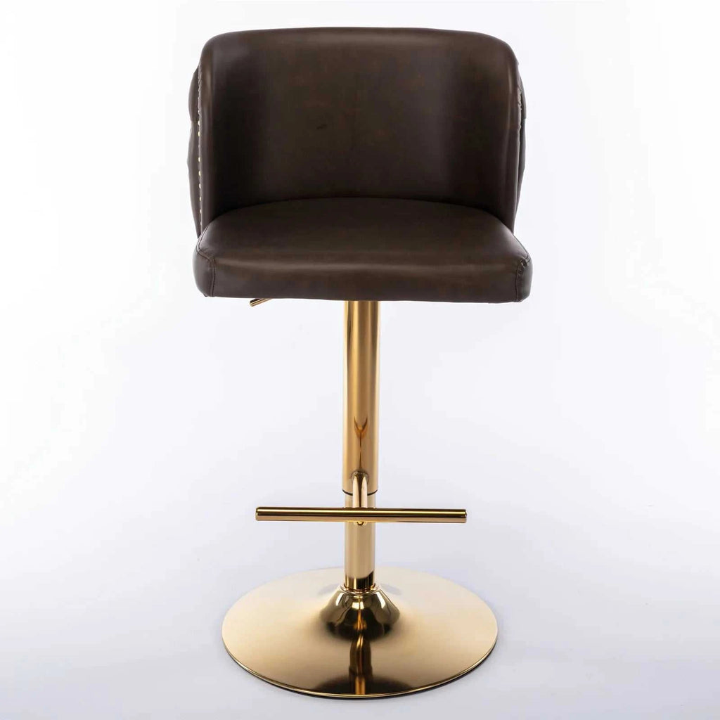 Brown leather bar stool with gold metal base on a white background