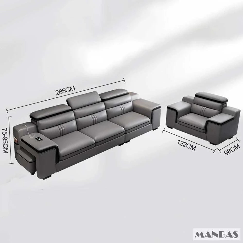 Gray sofa set with dimensions labeled on a white background, featuring the brand 'Manbas'.