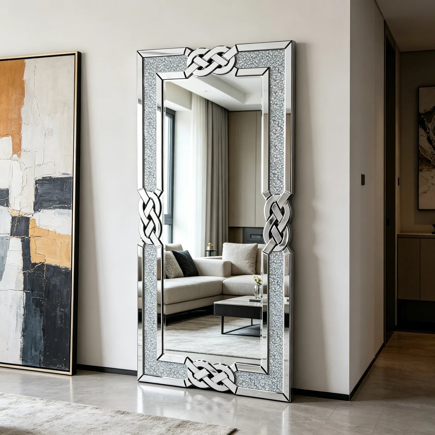 120CM Rectangle Crystal Crush Diamond Silver Mirror for Wall Decoration Crystal Diamonds Inlay Edge Living Room Above Fireplace - view 1
