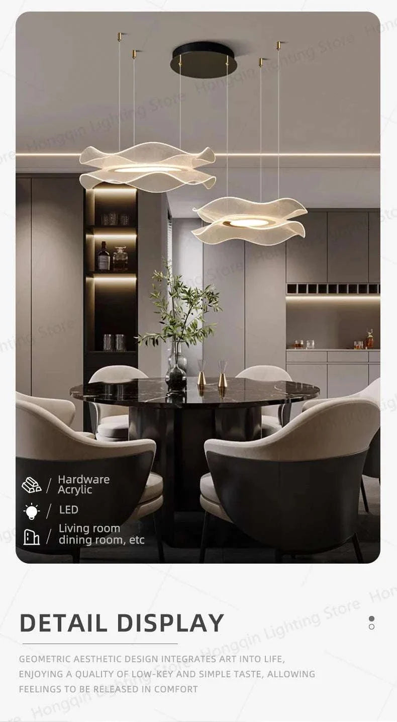 Round modern LED ceiling chandelier with Nordic minimalist design in a contemporary dining room setting