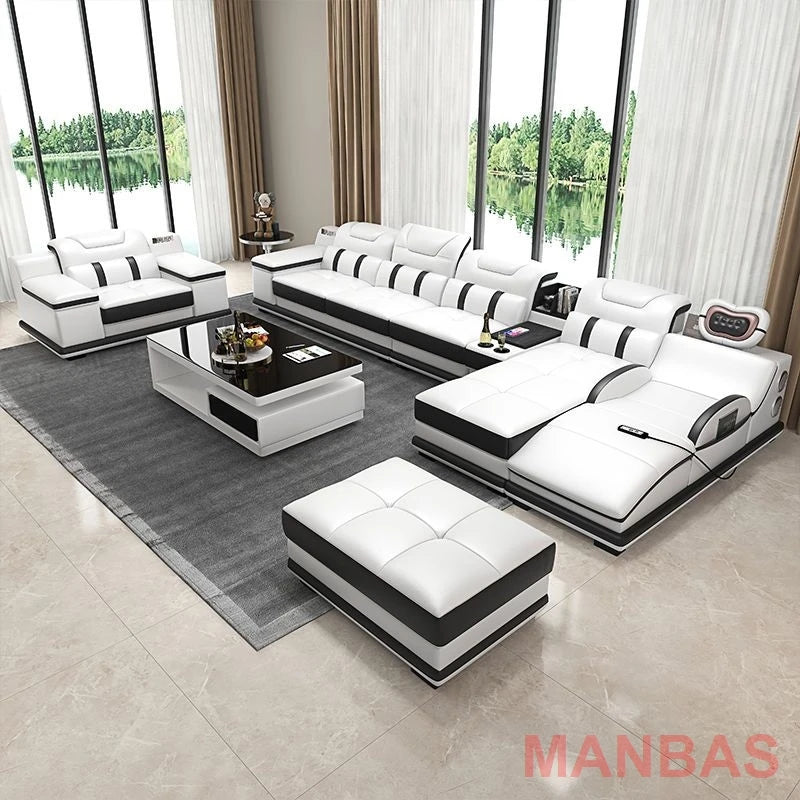 MANBAS Italian Genuine Leather Sectional Massage Sofa with Bluetooth, Speaker, Functional Headrest