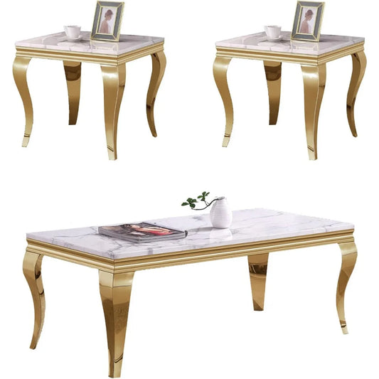 3-Piece Living Room Table Set – Faux Marble Coffee Table & 2 End Tables with Stainless Steel Mirrored Base
