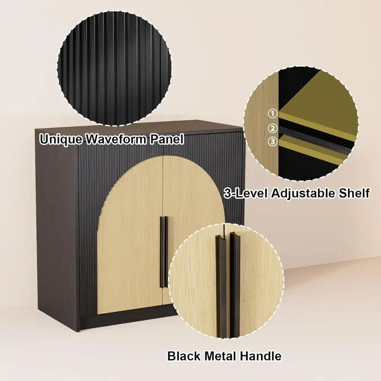 Cabinet with unique waveform panel, 3-level adjustable shelf, and black metal handle on a beige background.