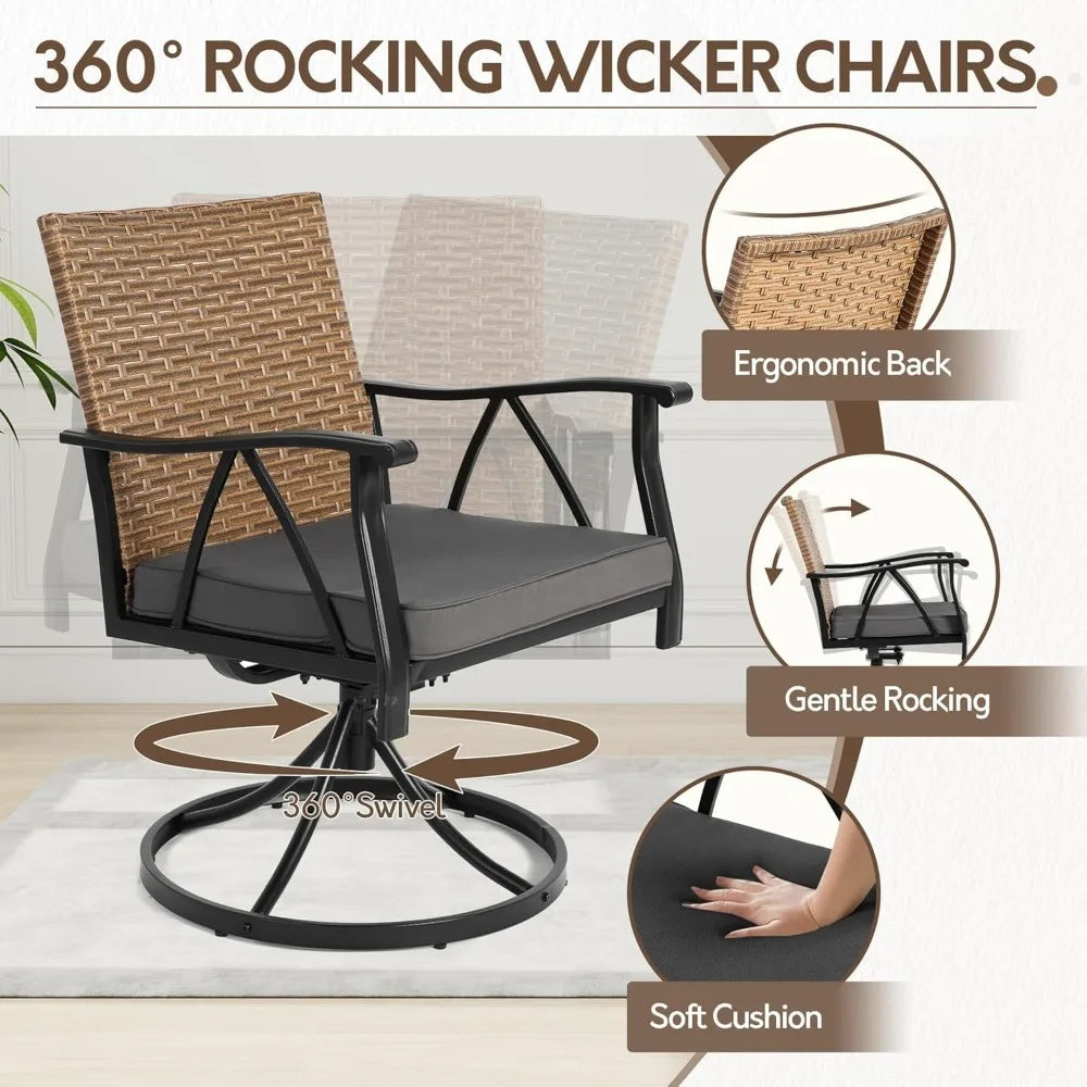 360-degree rocking wicker chair with features highlighted on a white background