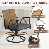 360-degree rocking wicker chair with features highlighted on a white background